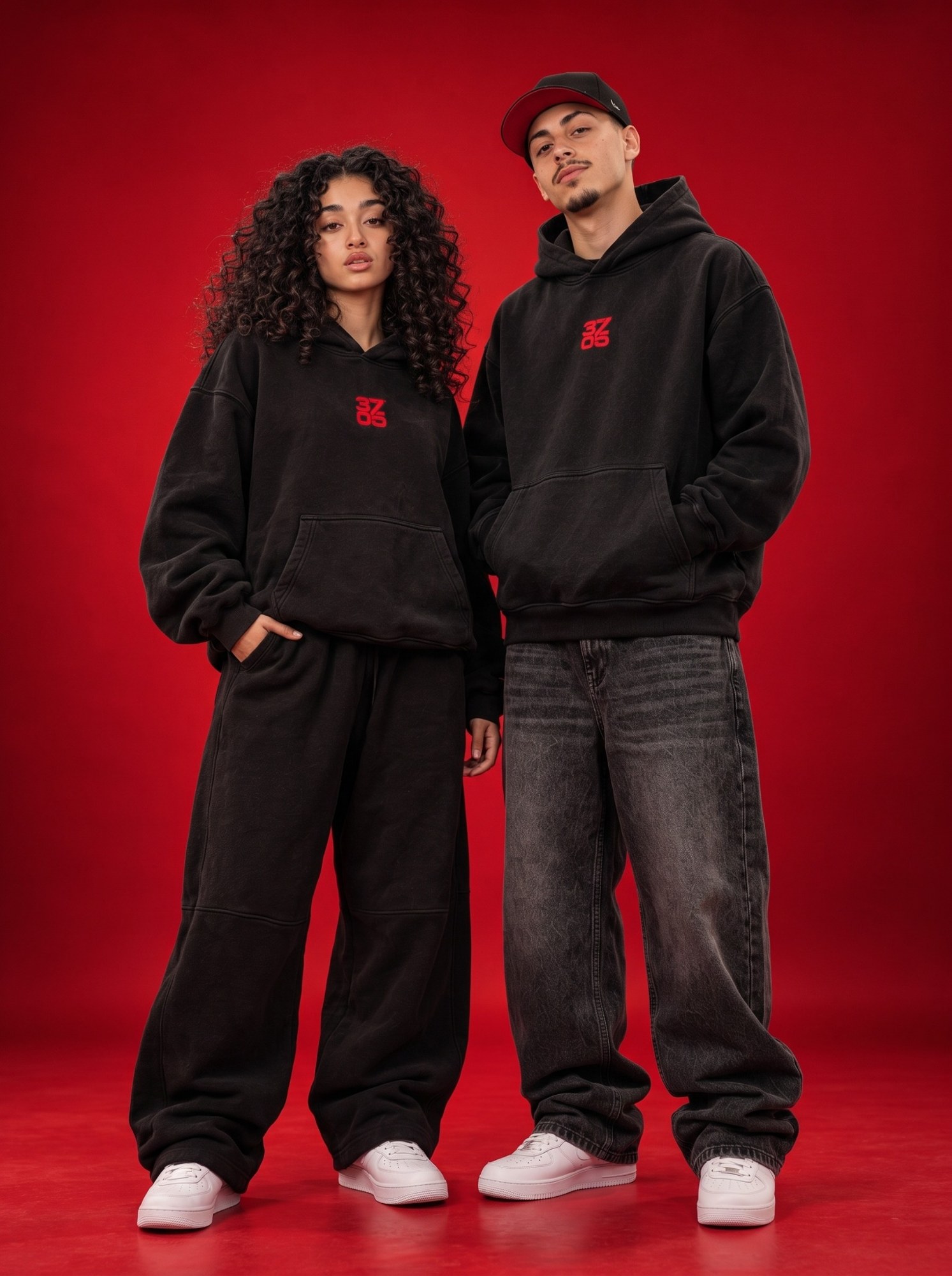 Deux silhouettes 3705 réunies, portant le hoodie TSUNAMI